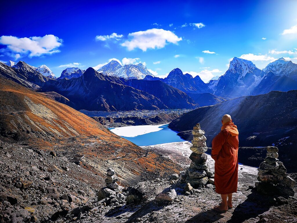 everest base camp, nepal, monk